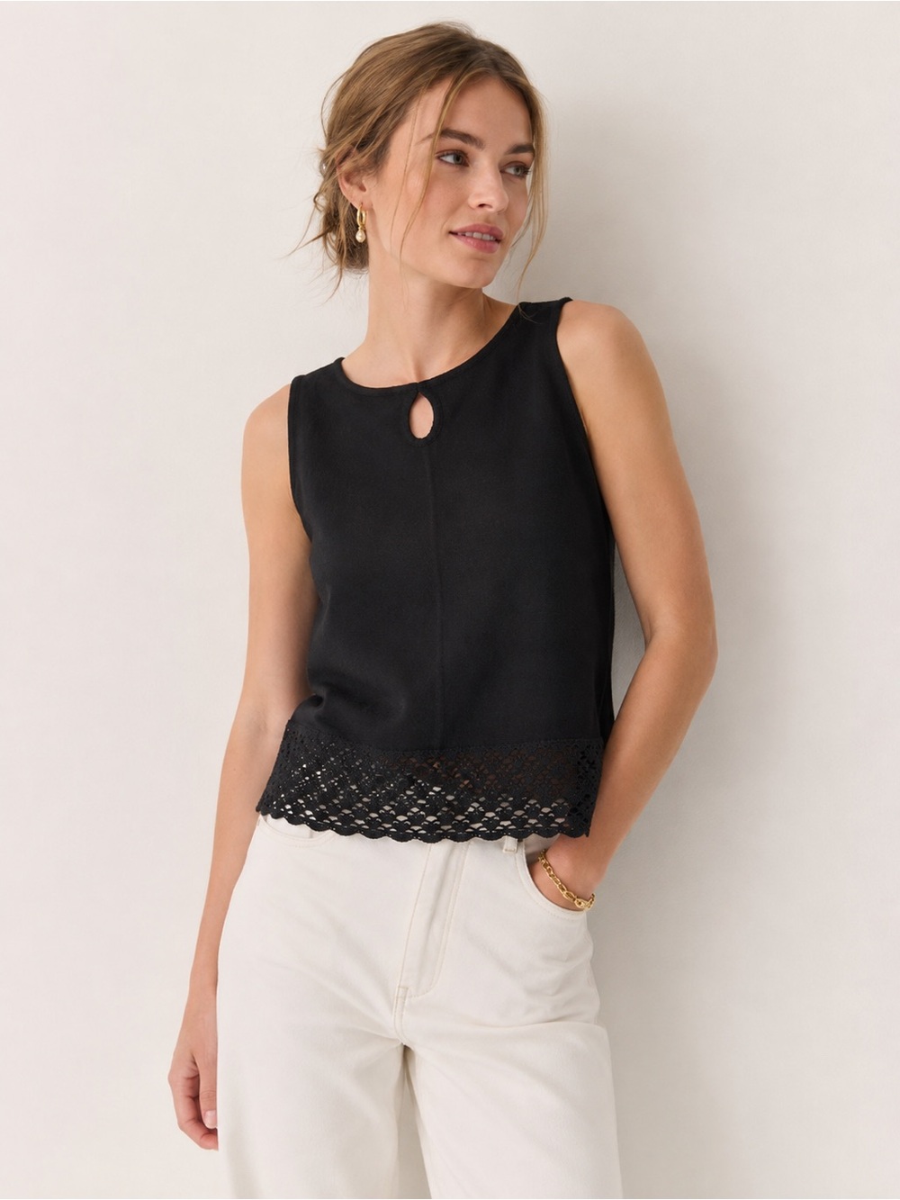 Norton McNaughton Petites Black Sleeveless Sweater Top Crochet Hem PM NWOT